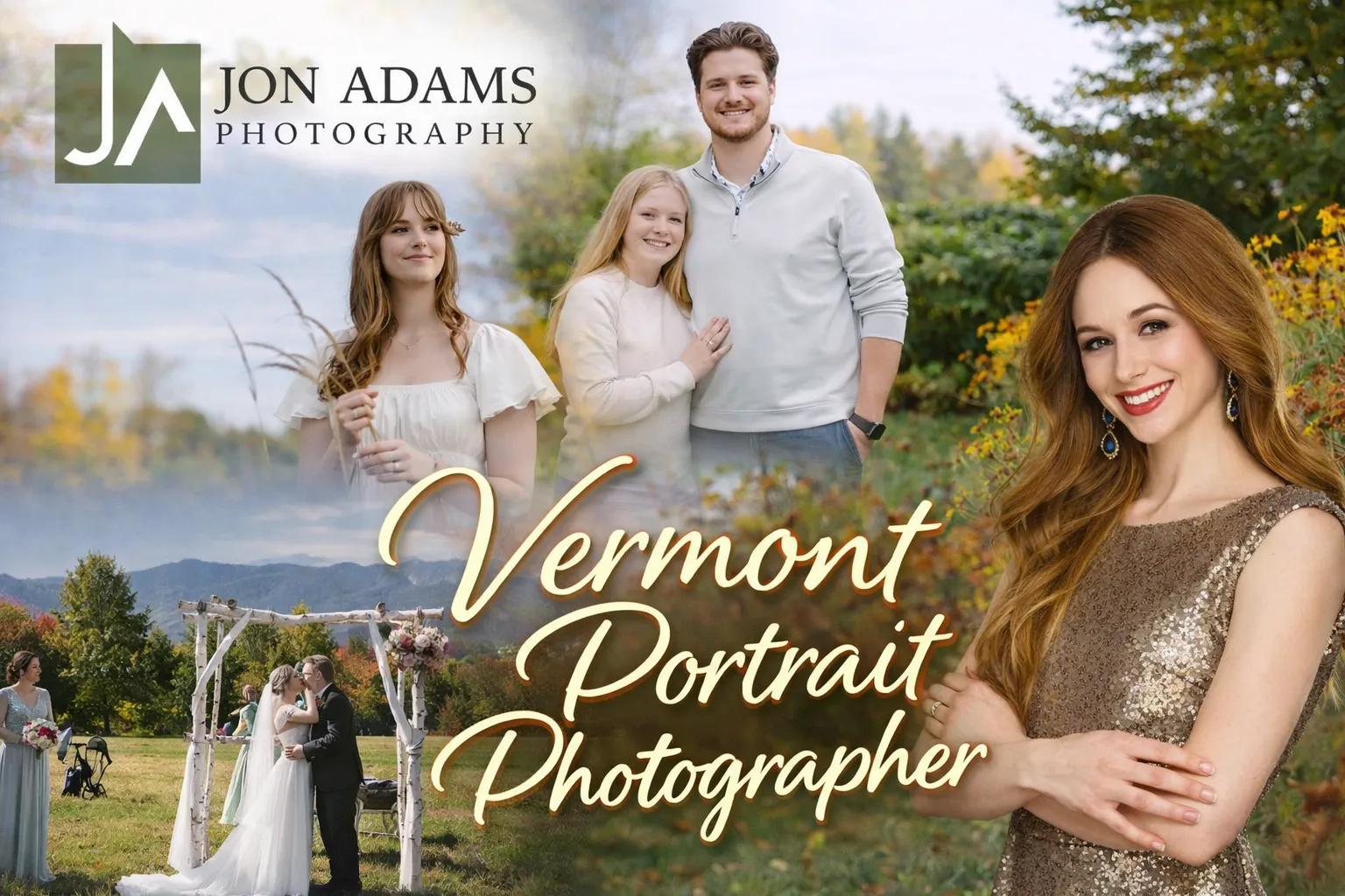 A collage of professional outdoor photography by Jon Adams, a premier Vermont portrait photographer, featuring a bride and groom kissing, a family pose, and a solo lifestyle portrait in a scenic natural setting.